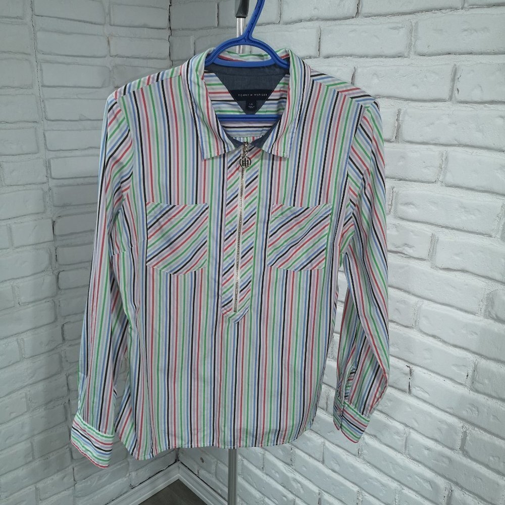 Tommy Hilfiger Ladies Size Large 1/2 Zip Cotton Loose Fit Striped Blouse